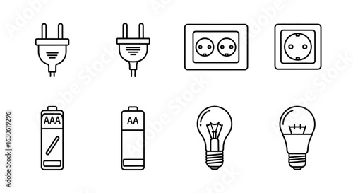 Outline Icons of Electricity Supplies and Energy, Power Sources and Electrical Components Line Art