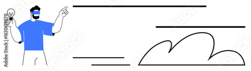 Man holding light bulb with one hand and gesturing with the other, surrounded by cloud and lines. Ideal for innovation, creativity, brainstorming, cloud computing, simplicity, design, futuristic