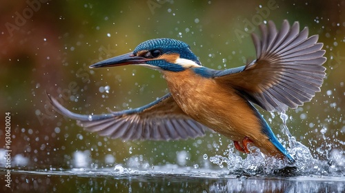  A blue and brown bird lands on a body of water, its wings spread wide as droplets glisten nearby