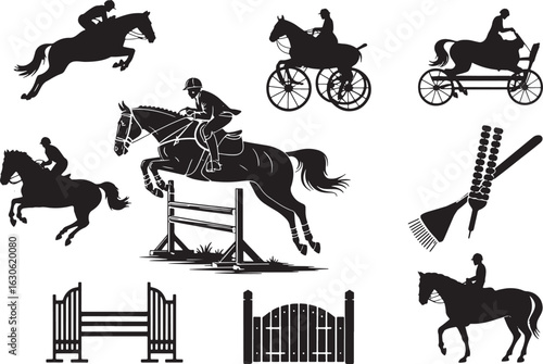 Equestrian Silhouettes Set Horseback Riding Jumping Obstacles and Horse-Drawn Carriage Black Vector