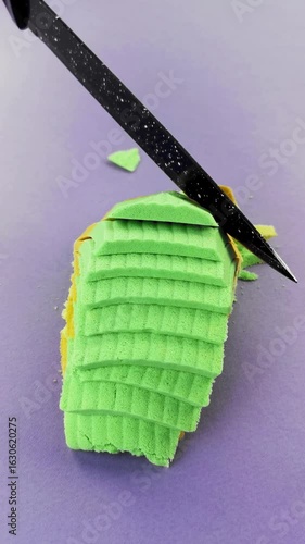 Very Satisfying and Relaxing Kinetic Sand ASMR video. Cutting anti stress macro close up colorful Kinetic Sand with a Knife. ASMR sounds.