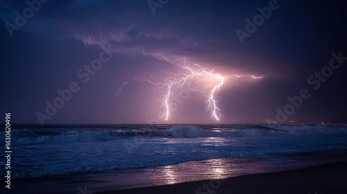   A few lightning bolts over water with a wave in the background