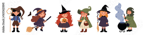 Cute cartoon illustration of young witches in various poses with brooms, cauldrons, pumpkins, and magic elements, ideal for Halloween designs, kids' books, and festive decor