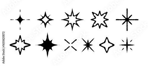 Hand drawn star and sparkle elements with bold black lines and rough texture. Vector illustration of glowing burst and shining symbols in brush sketch style.