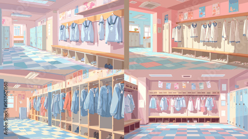 Adorable anime-style illustration of a school locker room with pastel uniforms, tidy spaces, soft lighting, and detailed closets — perfect for slice-of-life themes.

