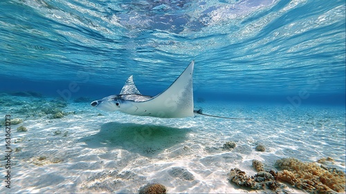   A manta ray gracefully glides through the water alongside the shore of a vibrant coral reef, situated in the Indian Ocean