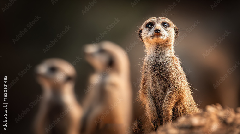 Fototapeta premium A cluster of meerkats perched on top of a mound of dirt and grass