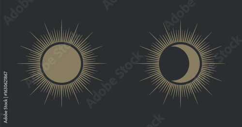 Sun and Moon Mystical Symbols Representing Duality and Balance in Esoteric Spiritual Art Illustrations