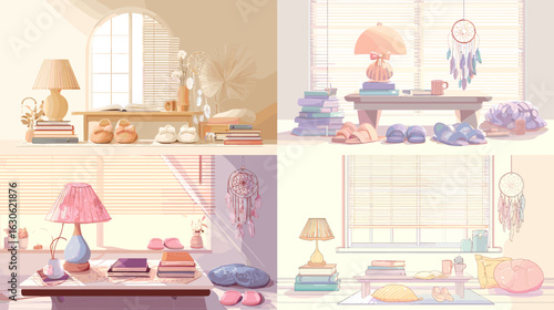 Warm and dreamy illustration of cozy boho-style study rooms featuring books, slippers, lamps, crystals, dreamcatchers, and peaceful pastel interior decor.

