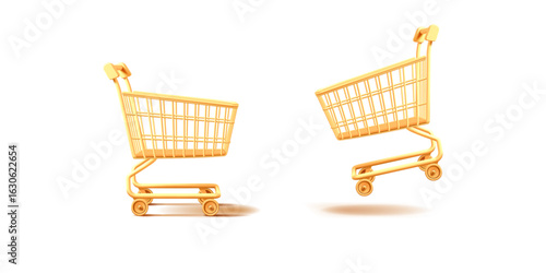 Yellow empty grocery carts for goods, 3D. Realistic image for concepts of advertising goods in supermarkets, shops, hypermarkets. Vector illustration.