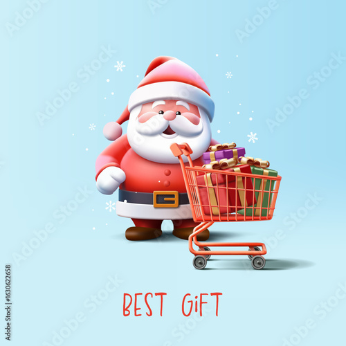 Funny 3D Santa Claus character with a shopping cart full of holiday gifts. For Christmas, Secret Santa, best gifts concepts. Vector illustration.