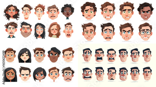 Creative portrait illustrations of expressive faces with exaggerated emotions, designed in a stylized cartoon look suitable for storytelling and motion design.

