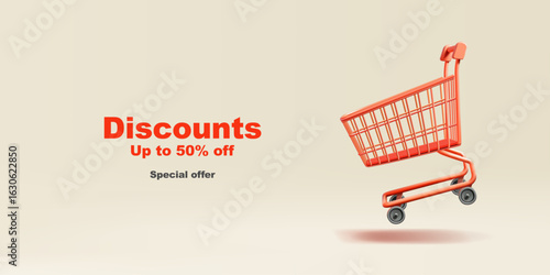 Red grocery cart, 3D. Discounts, special offer on products for groceries, mockup. For supermarkets, hypermarkets. Vector illustration.