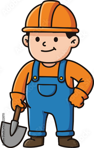 Construction worker wearing orange helmet and gloves holding shovel vector illustration in cartoon style 