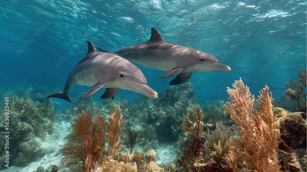 Fototapeta premium Two dolphins swimming over coral reefs with seaweed on top and bottom