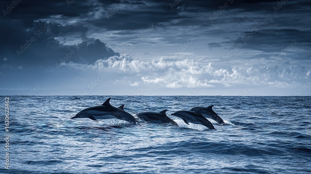 Fototapeta premium A pod of dolphins frolicking in the sea beneath an overcast sky and a luminous moon overhead