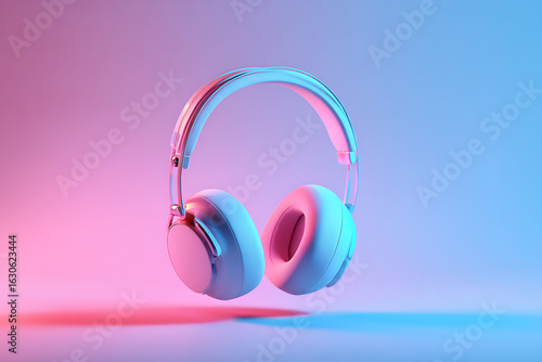 Modern over ear headphones suspended in the air with vibrant pink and blue neon lighting