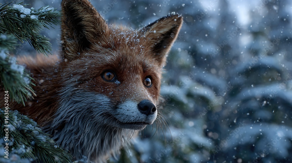 Fototapeta premium Close-up of fox with snow on fur, pine tree in foreground