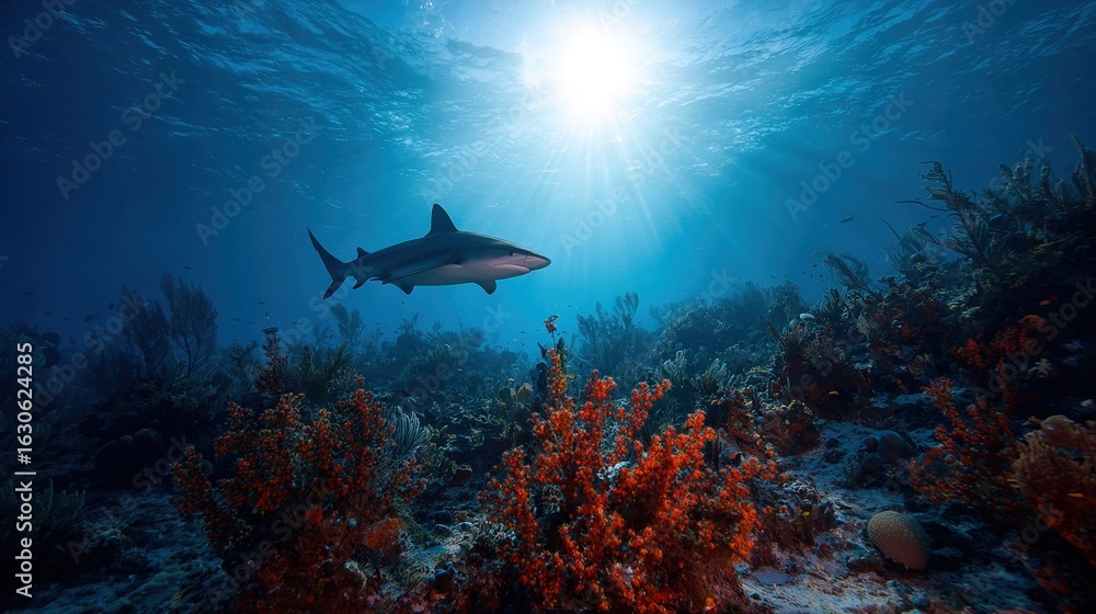 A blacktiped shark glides over a coral reef in the azure depths of the Great Barrier Reef, located off the coast of Australia, on a bright sun A blacktiped shark glides over a coral reef in the azure depths of the Great Barrier Reef, located off the coast of Australia, on a bright sun