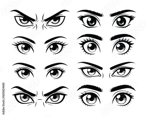 A vector illustration of a beautiful woman's face showing her detailed, brown eyes with long eyelashes and makeup, with a subtle cartoon design