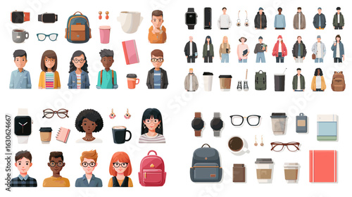 Illustration set of modern students and office essentials including avatars, bags, glasses, smartwatches, coffee cups, books, and everyday work or school items.

