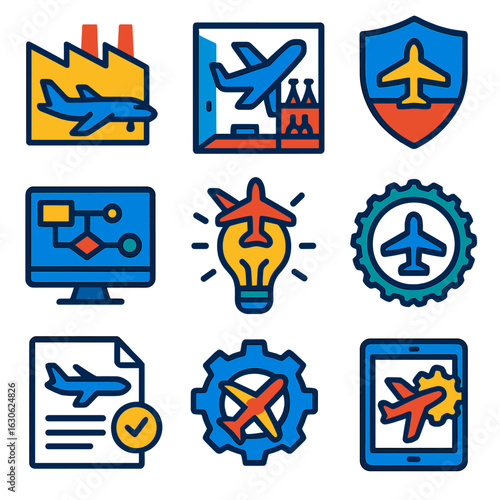 Aerospace Industry Icons. Flat vector icons of aerospace industry symbols: airplane manufacturing plant, flight lab room, aviation