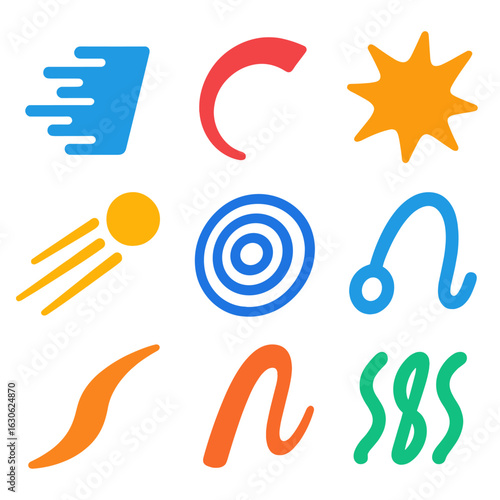 Dynamic Abstract Icons. Flat vector icons of dynamic abstract elements: speed blur lines, curved motion arcs, impact splash form,