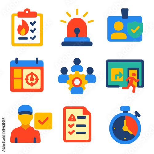 Emergency Drill Icons. Flat vector icons of emergency drills and training: fire drill clipboard, practice alarm icon, safety