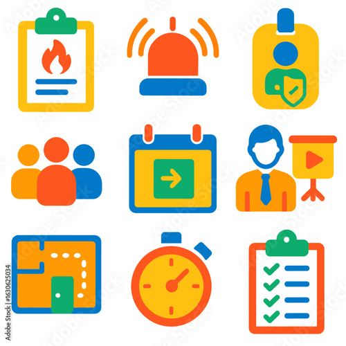 Emergency Drill Icons. Flat vector icons of emergency drills and training: fire drill clipboard, practice alarm icon, safety