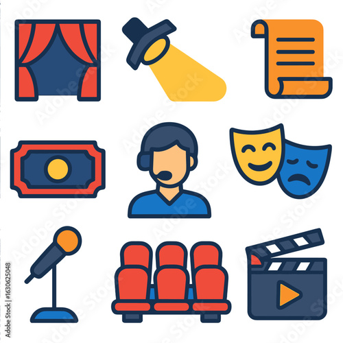 Theater Icons Collection. Flat vector icons of theater and stage arts: curtain icon, spotlight beam, theatrical masks, playbill
