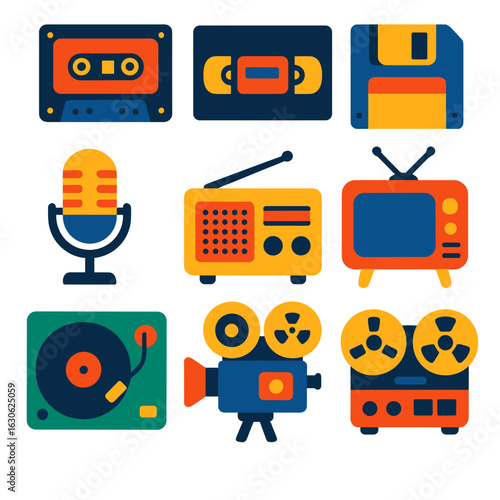 Retro Media Icons. Flat vector icons of classic media and retro devices: cassette tape, VHS tape, floppy disk, retro microphone,