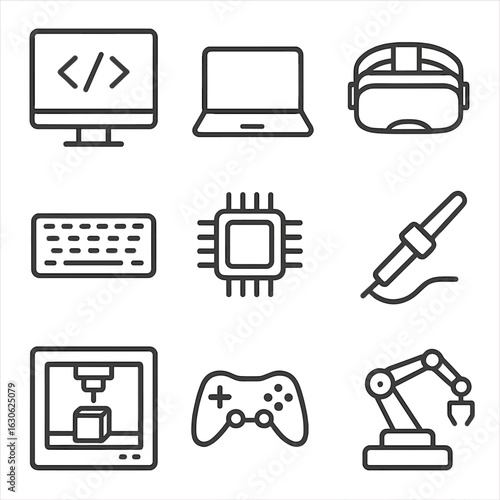 Tech Hobby Icons. Line style icons of tech hobbies: coding screen, laptop, VR headset, keyboard, microchip, soldering iron, 3D