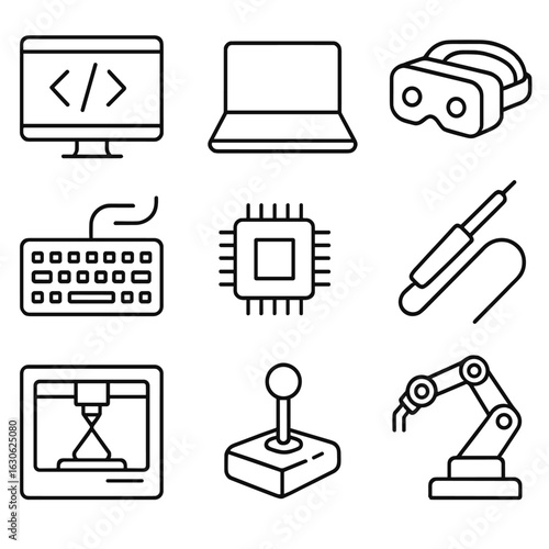 Tech Hobby Icons. Line style icons of tech hobbies: coding screen, laptop, VR headset, keyboard, microchip, soldering iron, 3D