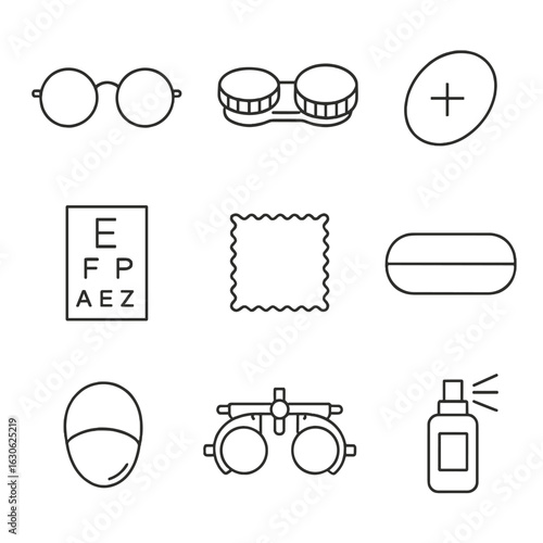 Vision Correction Icons. Line style icons of vision correction items: eyeglasses, contact lens case, prescription lens, eye chart,