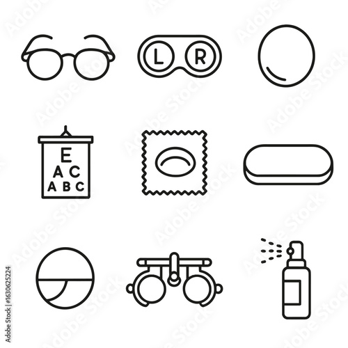 Vision Correction Icons. Line style icons of vision correction items: eyeglasses, contact lens case, prescription lens, eye chart,