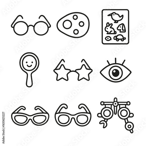 Child Eye Care Icons. Line style icons of child-focused eye items: kids eyeglasses, colorful patch, eye chart with animals, child