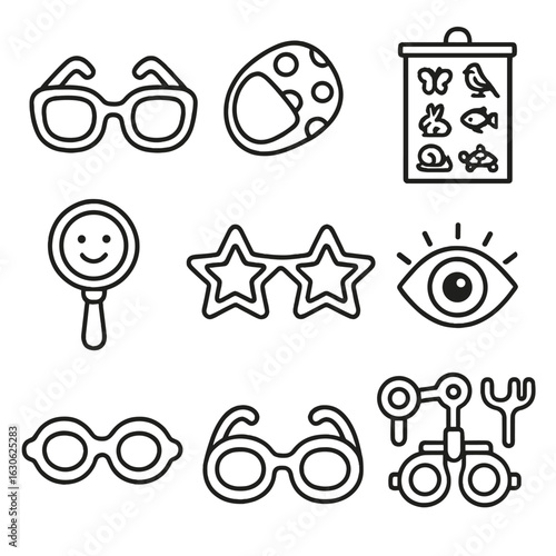Child Eye Care Icons. Line style icons of child-focused eye items: kids eyeglasses, colorful patch, eye chart with animals, child