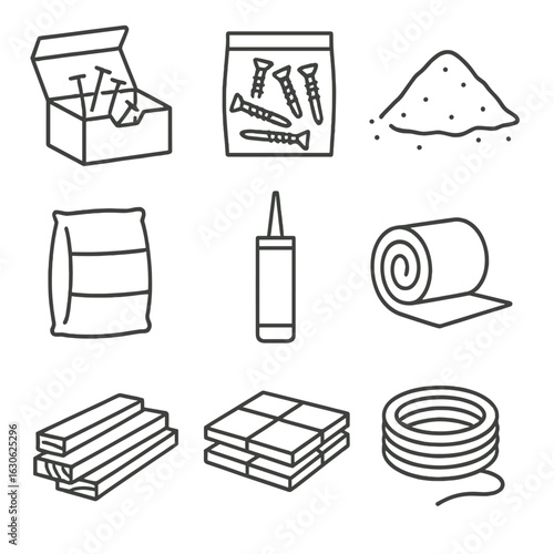Construction Consumables Icons. Line style icons of construction consumables: nails box, screw pack, sand pile, cement bag,