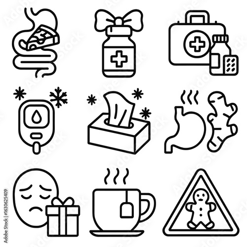 Holiday Health Icons. Line style icons of holiday-specific illnesses and treatment: overindulgence icon, indigestion meds with bow