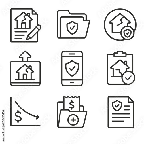 Insurance Claim Icons. Line style icons of insurance claim support: damage report form, claim folder icon, insured house stamp,
