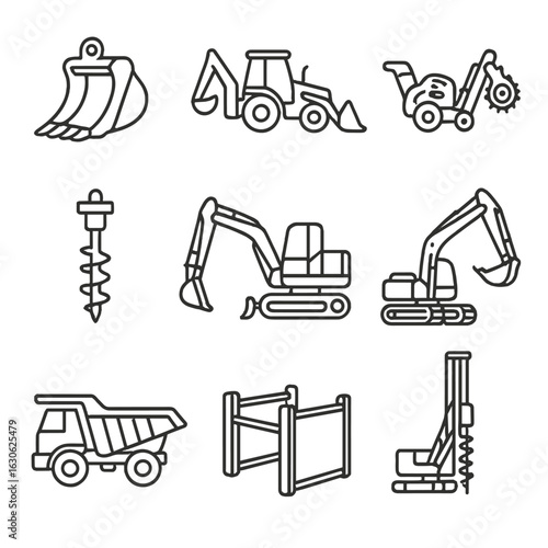 Excavation Machinery Icons. Line style icons of excavation machinery: excavator bucket, backhoe loader, trenching machine, auger