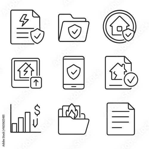 Insurance Claim Icons. Line style icons of insurance claim support: damage report form, claim folder icon, insured house stamp,