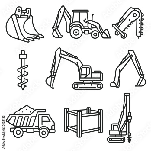 Excavation Machinery Icons. Line style icons of excavation machinery: excavator bucket, backhoe loader, trenching machine, auger
