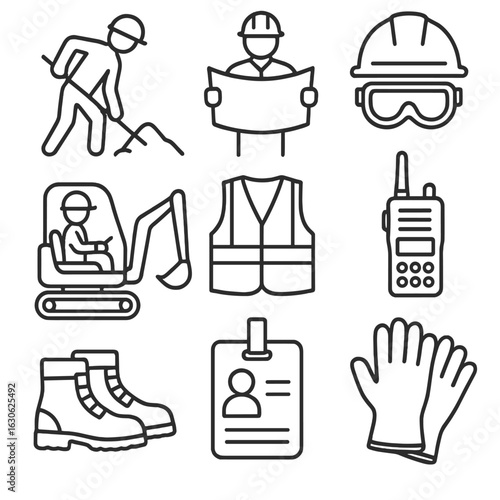 Excavation Crew Icons. Line style icons of excavation crew and gear: worker with shovel, foreman with blueprint, helmet with