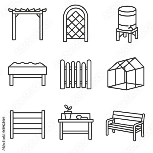 Garden Structure Icons. Line style icons of garden structures: pergola, trellis arch, raised garden bed, garden gate, compost