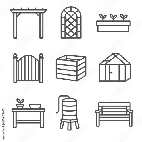 Garden Structure Icons. Line style icons of garden structures: pergola, trellis arch, raised garden bed, garden gate, compost