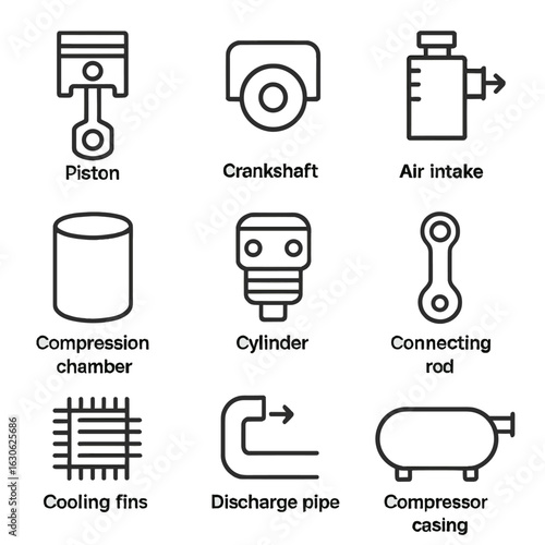 Compressor Line Art. Line style icons of basic compressor structures: piston block, crankshaft housing, air intake valve,