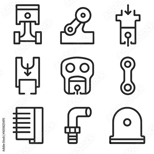 Compressor Line Art. Line style icons of basic compressor structures: piston block, crankshaft housing, air intake valve,