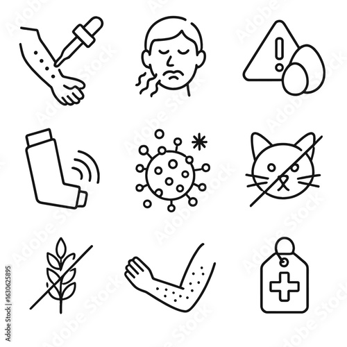 Allergy Icons Collection. Line style icons of allergy and intolerance health: allergy test icon, allergic reaction symbol, food