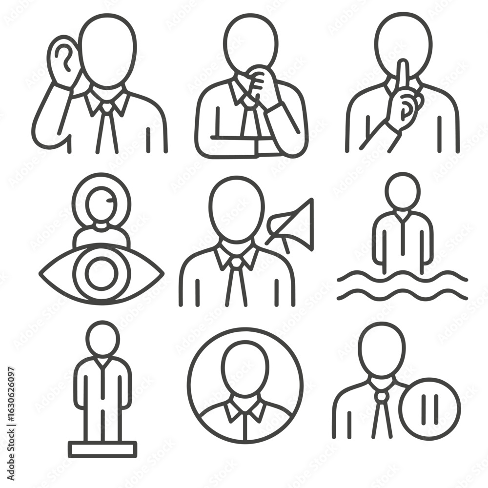 Quiet Leadership Icons. Line style icons of quiet leadership and presence: leader with listening ear, calm thinker pose, presence